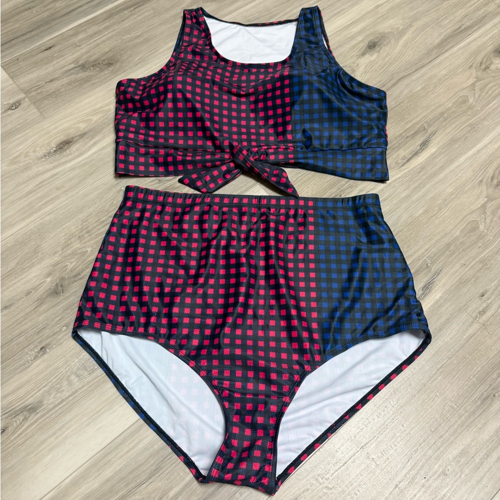 Checkered Red and Blue Two-Piece Swimsuit